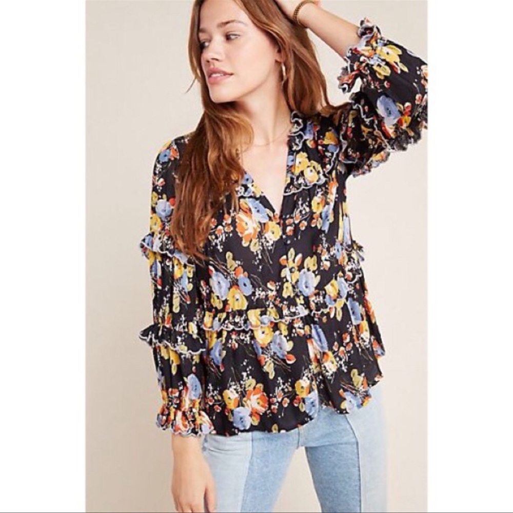 Anthropologie Maeve Myra Tiered Blouse Colorful Multicolor Floral Size Small